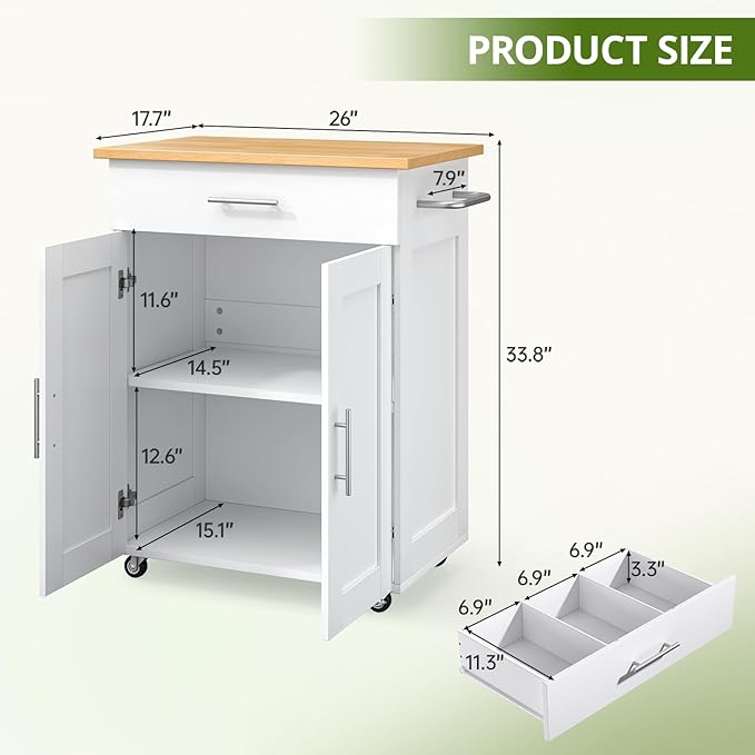 Kitchen Island with Storage - Mobile Rolling Kitchen Island Cart with Wheels, Large Drawer, Adjustable Shelf & Towel Rack, Space-Saving White Kitchen Organizer for Dining Room & Small Spaces