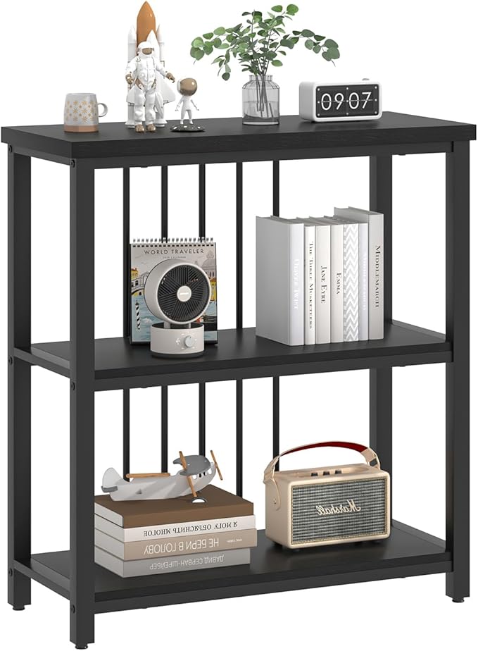 FOLUBAN Bookshelf, Modern 3 Tier Bookcase, Wood and Metal Book Shelves for Living Room Office Bedroom, Rustic Black Oak