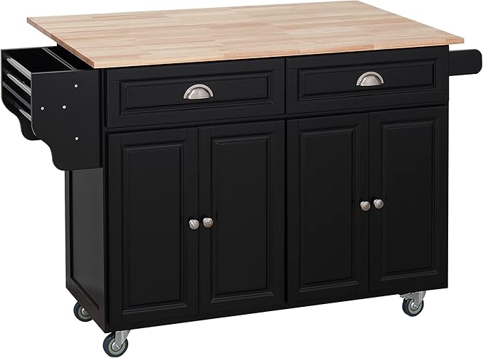 HOMCOM Rolling Kitchen Island Cart with Drop Leaf, Kitchen Cart on Wheels with Rubber Wood Top, 2 Drawers and 2 Storage Cabinets, Island Table for Kitchen, Dining Room, Black