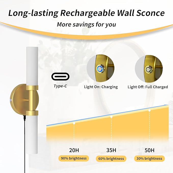 Rechargeable Battery Operated Wall Sconce, Dimmable Vanity Light with Touch Control, Wireless Bathroom Lights Over Mirror, Wall Light for Living Room Hallway Indoor, Gold & Frosted Glass