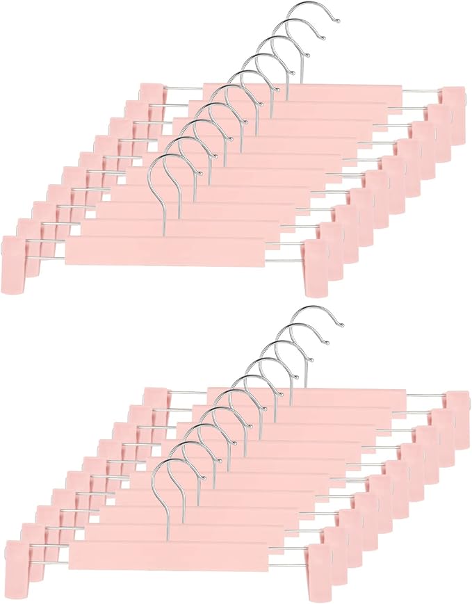 Clothes Pants Hangers, Space-Saving Skirt Holders with 360 ° Swivel Hooks, Adjustable Clips, Trouser Hangers, Clothes Coat Garment Jeans Hangers (20 Pack, Pink)