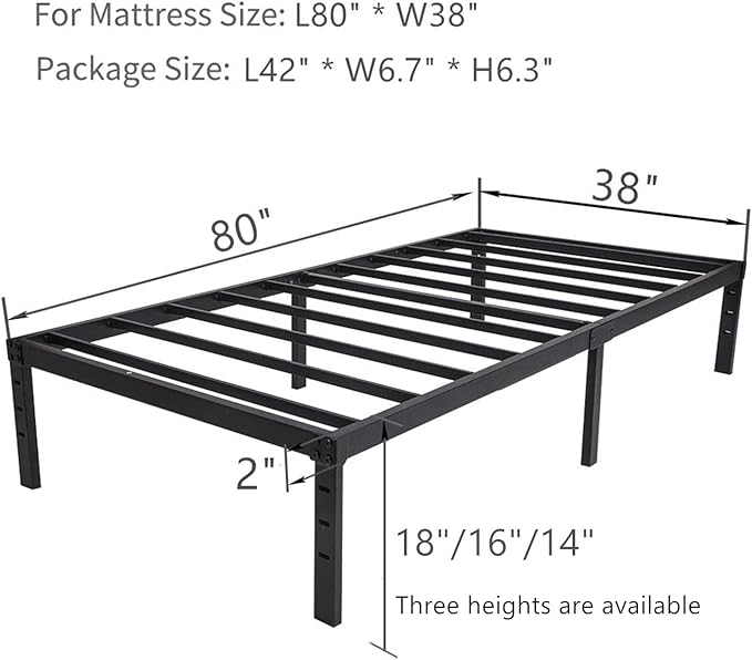 Twin XL Bed Frame 18 inch Tall, 3500lbs Heavy Duty Metal Platform with Steel Slats Support, 18-inch Bedframe with Ample Storage, No Box Spring Needed, Sturdy and Noise-Free, Black