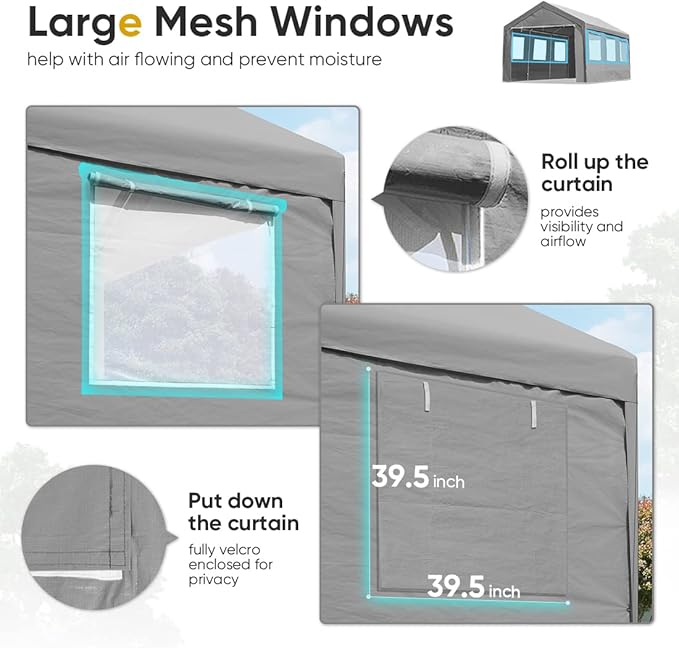 ADVANCE OUTDOOR 10x20 ft Adjustable Height Carport with Removable Window Sidewalls and Doors, Heavy Duty Car Canopy Garage Party Tent Boat Shelter with Reinforced Poles, Gray