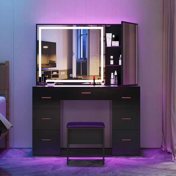 Vanity Desk with Mirror and Lights, Makeup Vanity Set with 7 Drawers & Cushioned Stool, Hidden Cabinet, Brightness Adjustable, Vanity Table for Bedroom, Dressing Room, Women,Black (Black)