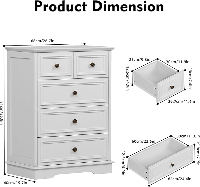 White 5 Drawer Dresser for Bedroom, Modern Chest of Drawers, Wooden Storage Dresser with Deep Drawers for Bedroom, Living Room, Entryway, Hallway