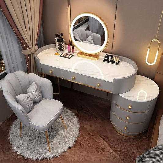 KWOKING Contemporary Make-up Vanity with Slate Stone Top & Storage Drawers Bedroom Dressing Table Storage Cabinet Integrated Table Gray White - Makeup Vanity & Mirror & Petal Chair 47"L x 16"W x 31"H