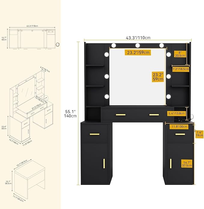 DWVO Vanity Desk with Large Mirror and LED Lights, Makeup Vanity Table Set with Power Outlets, Comfy Stool & Storage Drawers, Shelves and Cabinets, 3 Lighting Modes Makeup Table, Dressing Room, Black