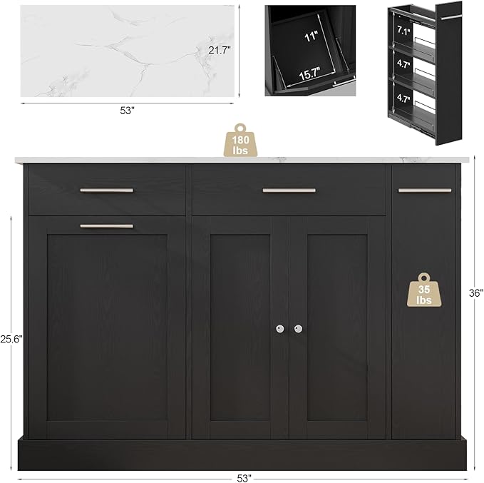 4 EVER WINNER Rolling Kitchen Island Cart with Trash Can Storage,Kitchen Island on Wheels with Marble Countertop, Kitchen Islands Table with Spice Rack & Towel Rack, Black