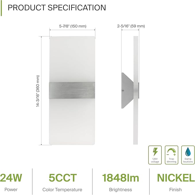 ASD 14 Inch LED Indoor Wall Sconce - Modern Interior 24W 120V 2700K-5000K Adjustable Dimmable Wall Mounted Light Fixtures, Acrylic Glass Wall Lights for Stairway, Hallway - ETL, Brushed Nickel