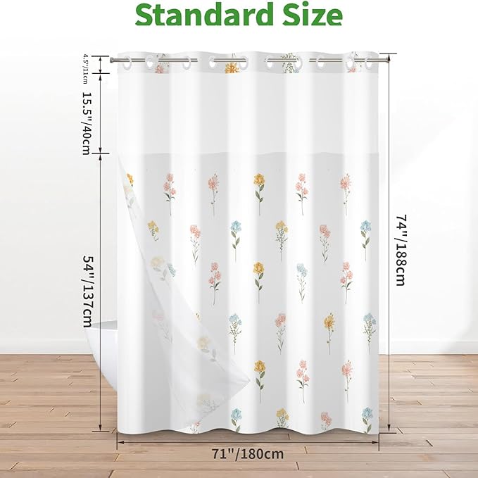 No Hook Shower Curtain with Snap in Liner, Wildflower Little Floral Heavy Duty See Through Window Waterproof Machine Washable Bathroom Curtain 71" W x 74" L (Pack of 1)