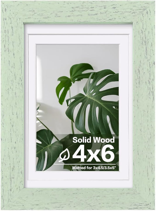 Egofine 4x6 Picture Frame Made of Solid Wood, Covered by Plexiglass Display Pictures 3.5x5 with Mat or 4x6 Without Mat for Table Top Display and Wall Mounting Photo Frame, Rustic Green