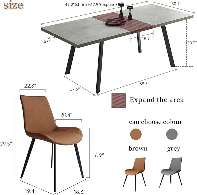 47.2"- 62.9" Extendable Dining Table with 4 Brown Dining Chairs, Modern Kitchen Table Set for 4, Thickened Expandable MDF Wooden Table with Metal Legs for Dining Room, Kitchen, Home