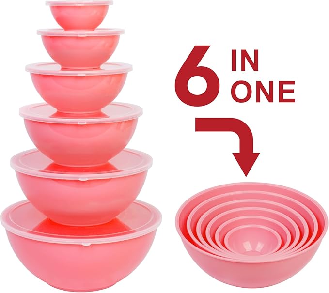 BoxedHome BPA Free Plastic Round Mixing Bowl with Lids, 12 Pack Nesting Bowls with Lids Set, Microwave and Dishwasher Safe Prep & Serving Bowls Great for Mixing, Baking, Serving (Pink, 12pcs)