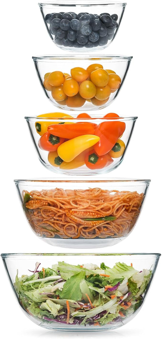 5pc Glass Mixing Bowls Sets (4.65QT, 2.80QT, 1.64QT, 1.16QT, 0.85QT), Glass Nesting Kitchen Thick Bowl for Baking, Cooking Prep, Storage, Large Salad Bowls Sets-Dishwasher Microwave Freezer Safe