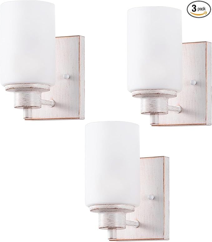 3 Pack Bath Vanity Light Fixture, Modern Indoor Wall Scone Lighting with Opal White Glass Shade, White Gold Wall Lamps