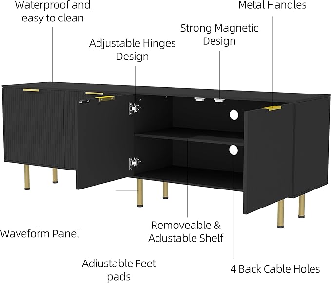 Black TV Stand for TVs up to 80 Inch,Mid Century Modern TV Console,TV Stands for Living Room & Bedroom,Entertainment Center with Storage,Entertainment Stand,TV Cabinet for 55,60,65,70,72,75,80 Inch TV