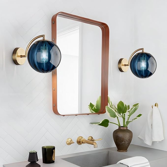 KCO Lighting Vintage Blue Glass Wall Sconce Brushed Gold Wall Sconces Mid Century Modern Globe Vanity Light Round Wall Mounted Light Fixture for Bedroom Bathroom Hallway