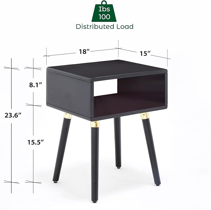 Bme Dinkee Solid Wood Nightstand, Fully Assembled, Without Drawer for Mid Century Bedroom and Living Room, Black
