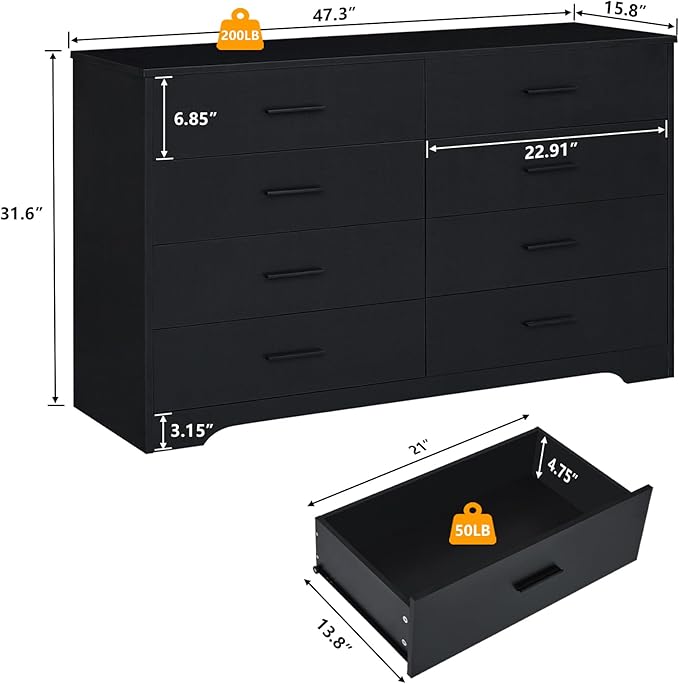 LIDYUK Dresser for Bedroom, Wood Dresser with 8 Drawers, Modern Minimalist Dressers & Chests of Drawers, 48 Inches Wide Chest of Drawers for Bedroom, Hallway, Living Room, Black