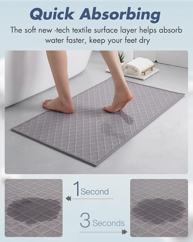 AMOAMI Ultra Thin Bathroom Rugs, Rubber Backed Bath Mats for Bathroom Non Slip, Absorbent Bathroom Mat for Floor, Shower, Sink(16"x24", Grey)
