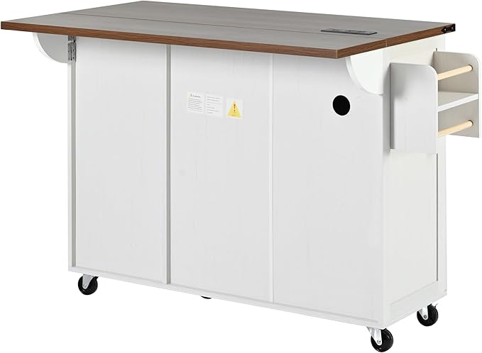 Farmhouse Kitchen Island Breakfast Bar with Drop Leaf, Power Outlet, Rolling Island Cart on Wheels Unfold Table with 3 Drawer, Srotage Cabinet, Spice Rack, Towel Rack(White)