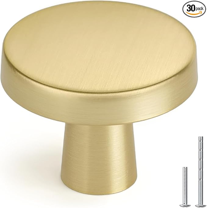 homdiy 30 Pack Gold Cabinet Knobs Round Brushed Brass Kitchen Handles Zinc Alloy Metal Hardware for Dresser Drawer Desk Cupboard