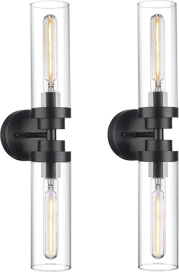 Emak 22 Inch Black Bathroom Light Fixtures Over Mirror, 2-Light Bathroom Vanity Light with Clear Glass Shade, 2 Pack Wall Sconce for Bathroom, Bedroom, Hallway, VL085-BKL-2-2PK