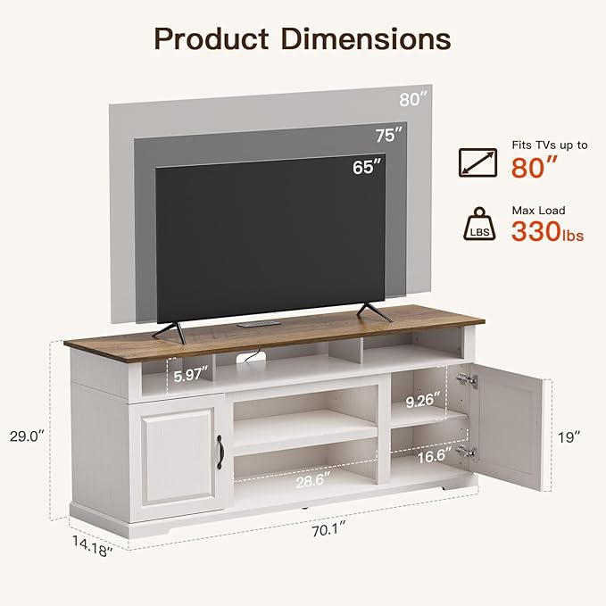 Amada Farmhouse TV Stand for TVs Up to 80 inches, Modern Entertainment Center TV Stand with Drawers Storage Cabinets, Adjustable Shelves, Rustic Media TV Console Table for Living Room, Bedroom, White