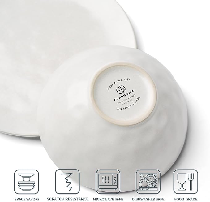 Famiware Dinnerware Sets for 8, Ocean Round 24-Piece Kitchen Plates and Bowls Sets, Microwave and Dishwasher Safe, Scratch Resistant, Matte White