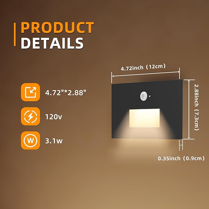 Motion Sensor Stair Lights Indoor Outdoor,Dimmable Motion Activated Step Lamp 3000K/4000K/6000K,Hardwired 120V 3W IP65 Waterproof Outside Stairway Lights,Led Staircase Light- Black