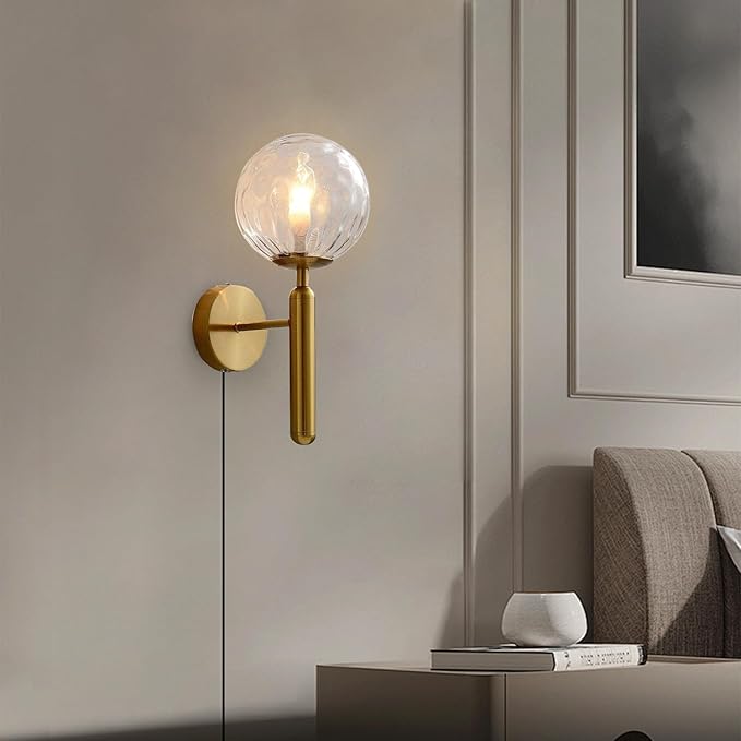 KCO Lighting Plug in Globe Wall Light Vintage Industrial Wall Sconce Lighting Fixture with On/Off Switch, Metal Wall Lamp for Bedroom Living Room Hallway,(Clear Plug in)