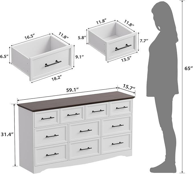 White Dresser for Bedroom, Farmhouse 10 Chest of Drawers, 59" Wide Chest of Drawers with Brushed Metal Handle, Wood Closet Organizers and Storage Cabinet for Bedroom, Living Room