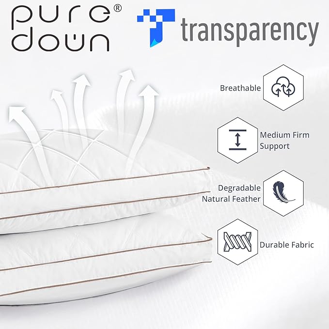 puredown® Goose Feathers and Down Pillow for Sleeping Gusseted Bed Hotel Collection Pillows, Standard, Set of 2