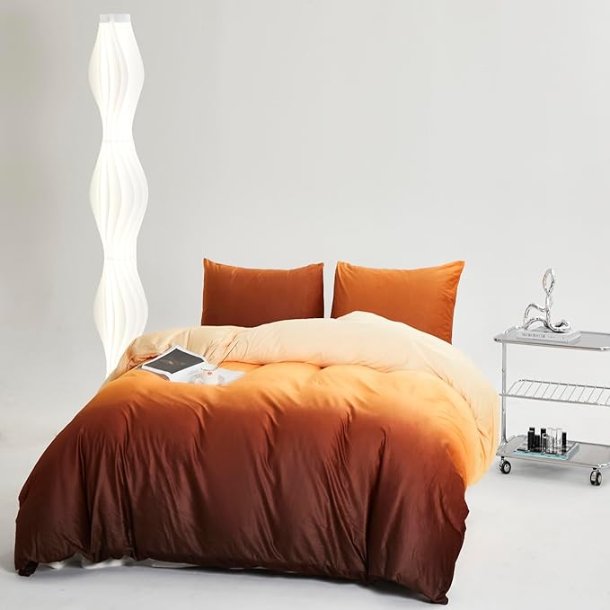 Luxlovery Sunset Color Velvet Comforter Full Women Girls Orange Gradient Flannel Bedding Set Brown Yellow Modern Blanket Quilts Winter Warm Sherpa Micromink Bed Set for Adults Teens