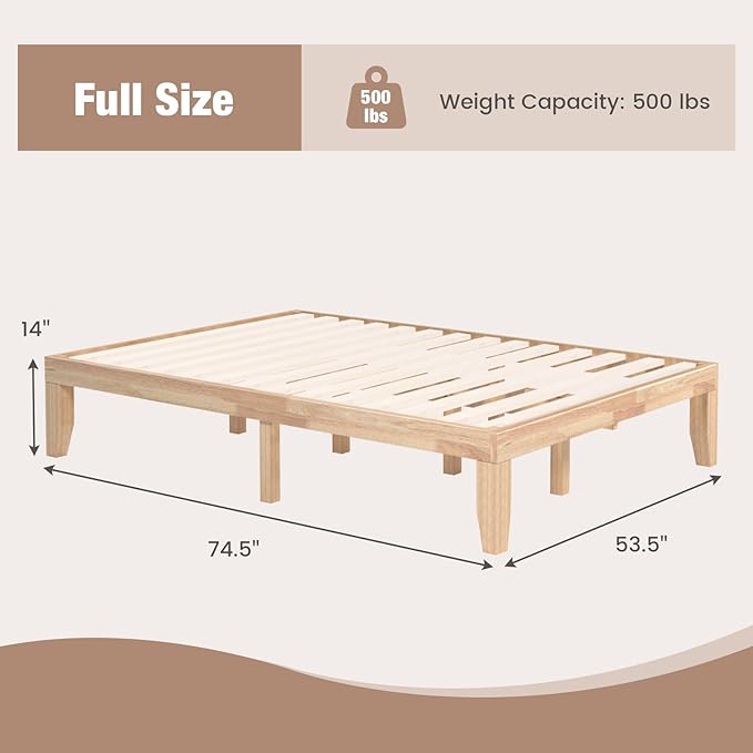 Giantex 14 Inch Full Wood Platform Bed Frame, Minimalist Style Mattress Foundation with Solid Rubber Wood, Heavy Duty Slat Support, Without Headboard, Easy Assembly, No Box Spring Needed, Natural