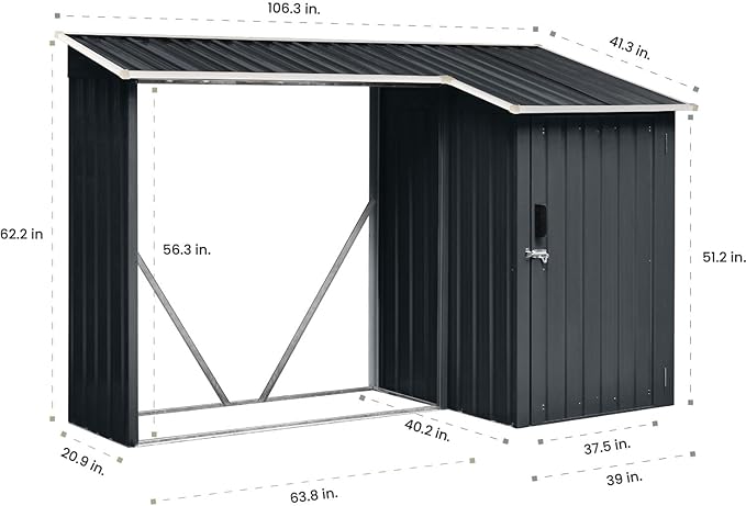 Hanover Outdoor 2 in 1 Multipurpose Sloped Roof Shed with 9 Square Feet Lockable Single Door Tool Storage and 42 Cubic Feet Raised Firewood Rack Made of Weather Resistant Galvanized Steel in Dark Gray