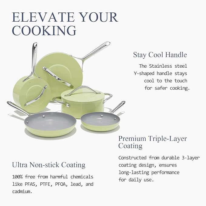Ceramic Cookware Set Nonstick Pots and Pans Set 8 Pieces NonToxic PTFE/PFOA/PFAS Free All Cooktops Compatible Even Heat Distribution Oven Safe Up to 500°F, Avocado Green