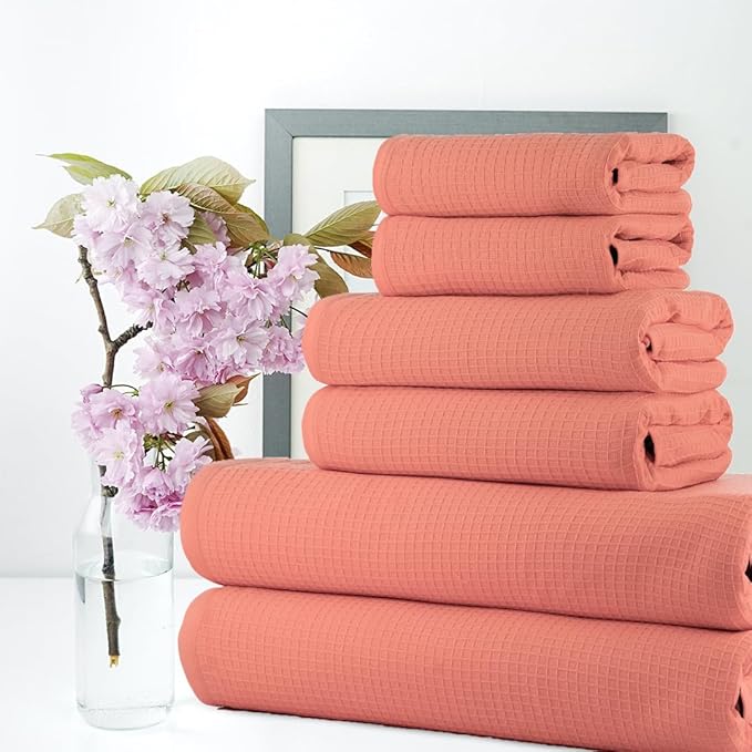 CASA COPENHAGEN Waffle Towel, 6Pieces 100% Cotton Large Towel Set- Malibu Peach, 2Bath 2Hand 2Washcloths Instant Absorb and Dry, Soft Strong Towels for Hotel Spa Kitchen Bathroom & Shower