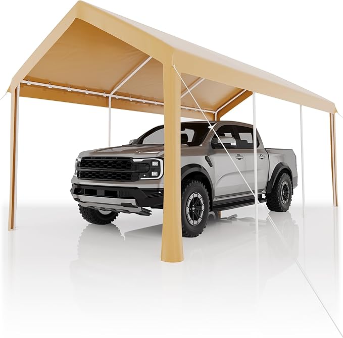 10x20ft Metal Carport Garage with PE Fabric and Galvanized Steel Frame Leg Wrap Carport for Outdoor Shelter for Cars, Trucks and Boats - Yellow