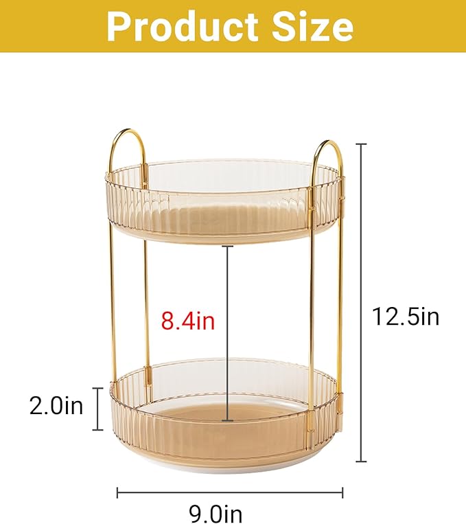360 Rotating Gold Makeup Organizer,2 Tier Large Capacity Rotating Makeup Organizer,SkincarePerfume Organizer,Bathroom Cosmetics Storage Organizer Countertop (Gold-2 Tier)