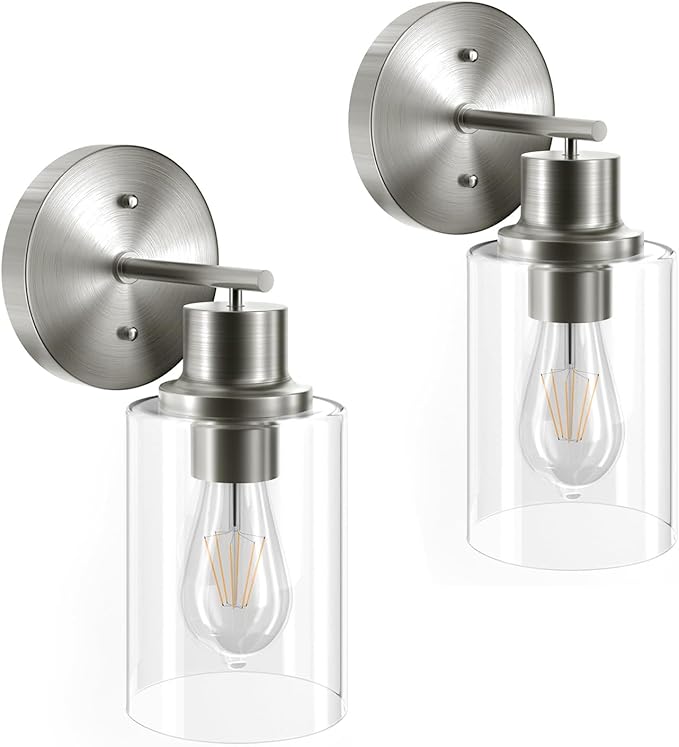 GORDNWE Set of 2 Bathroom Wall Sconce, Brushed Nickel Vanity Light, Modern Wall Light Fixture with Clear Glass Shade and E26 Bulb Base, Wall Lamp Wall Mount Light Fixtures for Mirror, Bedroom