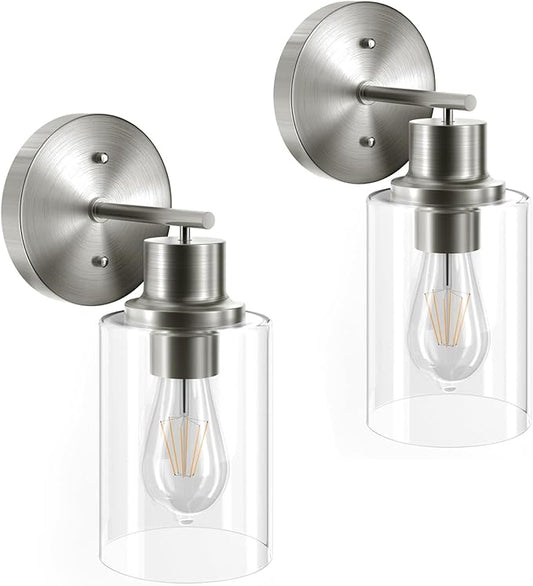 GORDNWE Set of 2 Bathroom Wall Sconce, Brushed Nickel Vanity Light, Modern Wall Light Fixture with Clear Glass Shade and E26 Bulb Base, Wall Lamp Wall Mount Light Fixtures for Mirror, Bedroom