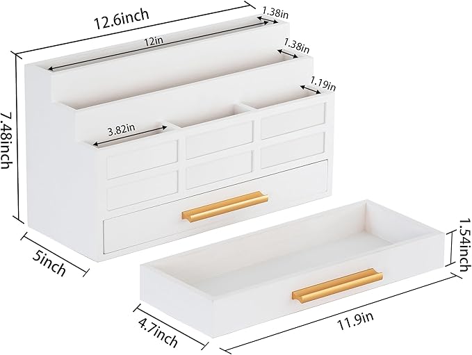 white Wood Desk Organizer and Accessories with Drawer, Bill Mail Organizer and File Mail Holder for Office Supplies, Rustic Desk Accessories & Workspace Organizers for Desk Organization