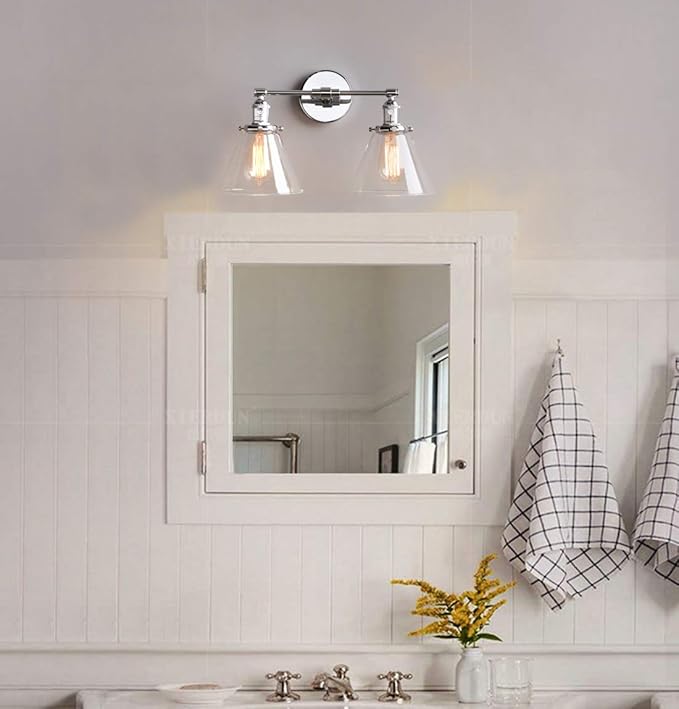 Phansthy 2-Light Wall Sconce Industrial Dual-Light Wall Light with Dual 7.3 Inch Cone Glass Lampshade(Chrome)