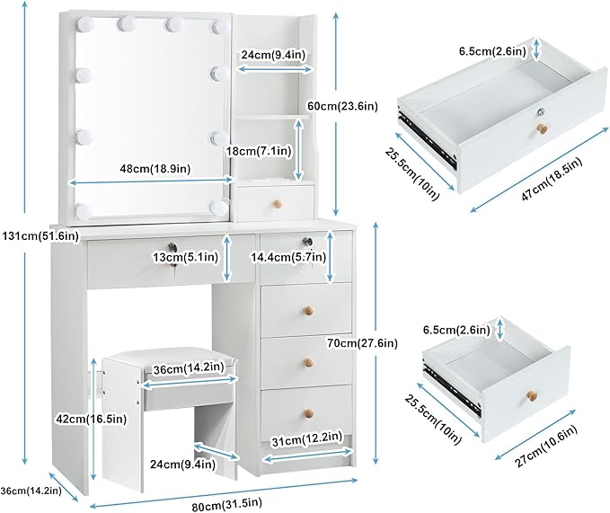 Vanity Mirror with Lights Desk and Chair, 5 Drawers and Cabinet, Makeup Table with Large HD Mirror Makeup Desk, 3 Lighting Modes, White Makeup Table with Stool