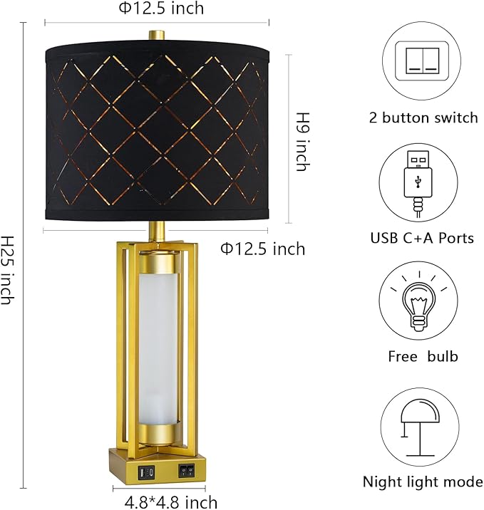 RORIANO Set of 2 Modern Table Lamps for Living Room Bedroom with USB C+A, Rustic Nightstand Lamps with White Night Light, Black Grid Shade, Desk Lamps for Bedside End Tables, 4 Bulbs Included (Gold)