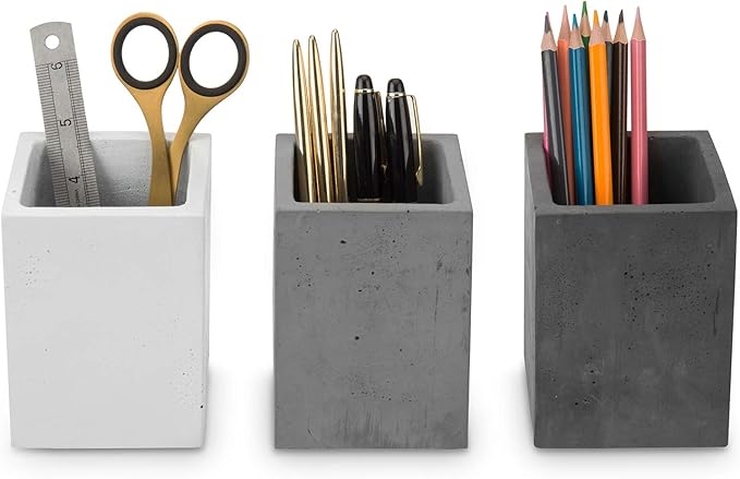 MyGift Pen Holder Pencil Holder For Desk,Pen Cup Holder For Desk,Concrete Desktop Pencil Cup,Modern Gray-Tone,Set of 3