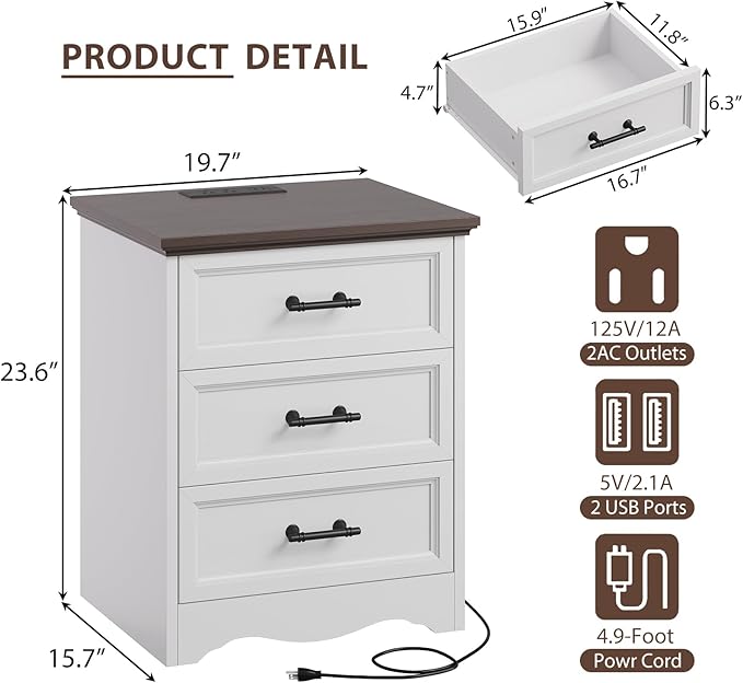 Farmhouse Nightstand with Charging Station, 19.7" End Table with 3 Drawers Storage, White Wooden Night Stand, Bedside Table with Unique Base Design, 3 Drawer Dresser for Bedroom, Living Room