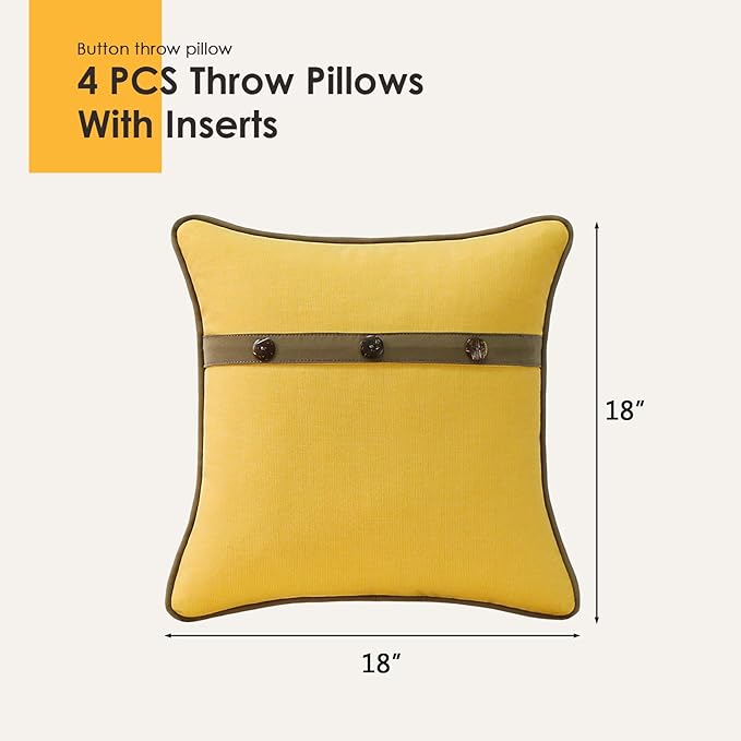 Outdoor Sunbrella Decorative Pillows with Triple Coconut Buttons Pack of 4, 18" x 18" Outdoor Pillow Set for Couch Bed Throw Patio Sofa, Spectrum Daffodil/Canvas Cocoa