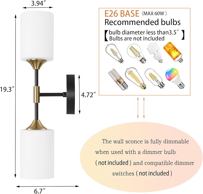 Industrial Mid Century Wall Sconce 2-Lights with White Cylinder Glass Shades Modern Bathroom Vanity Wall Lamp Matte Black and Gold Brushed Brass Finished Wall Light Fixture